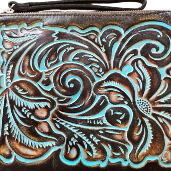 Patricia Nash Cassoni Brown Turquoise Tooled Leather Zip Wristlet Clutch - Picture 3 of 7